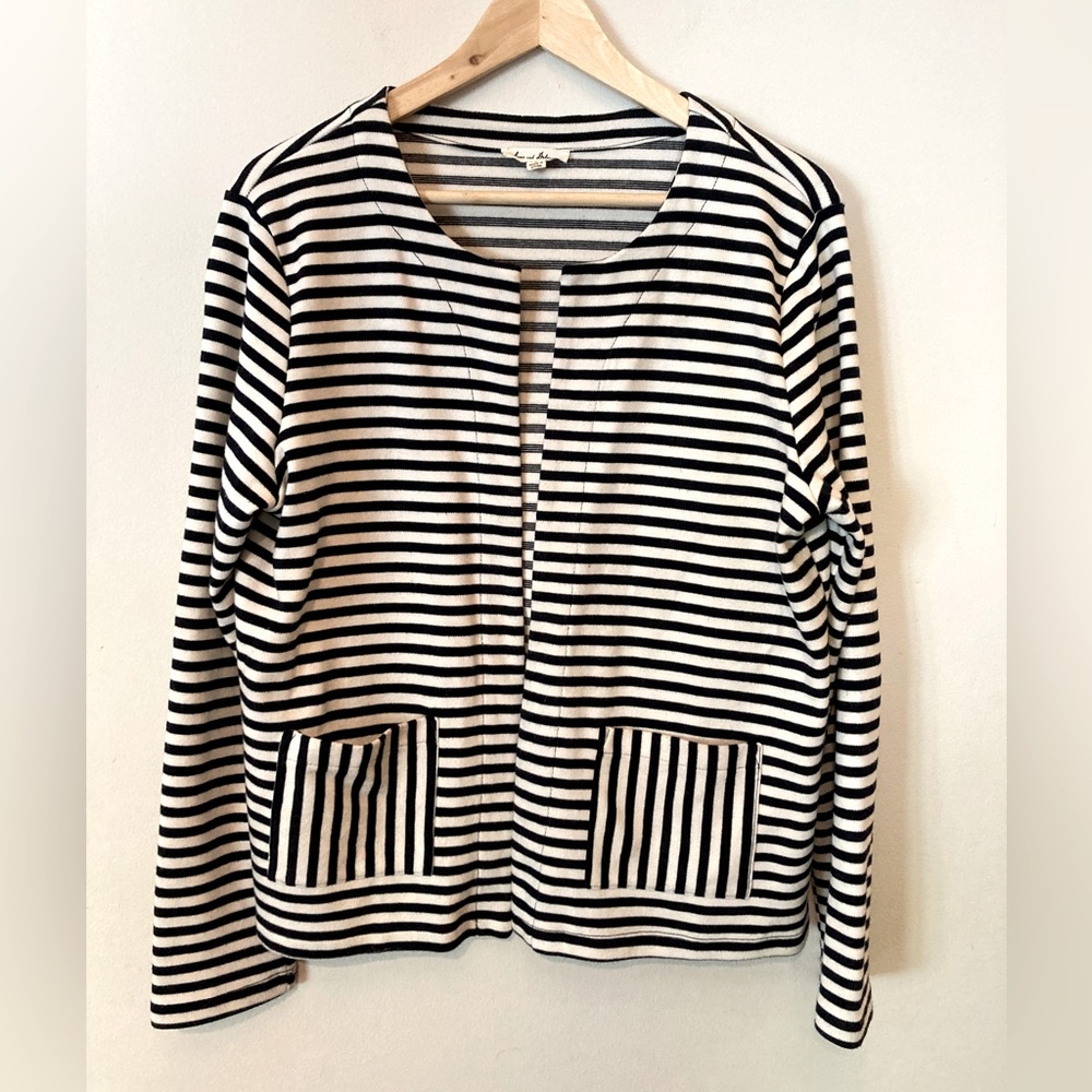 Jane and Delancey Open Front Navy/Ivory Striped Cardigan, Size Large